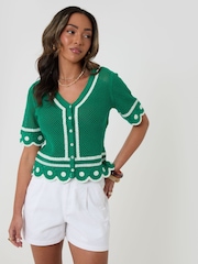 Threadbare Green Crochet Flower Hem Button Up Top - Image 2 of 4