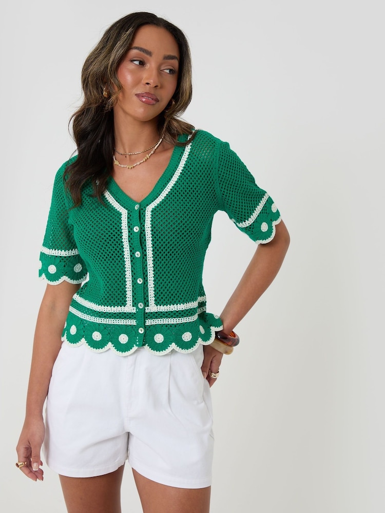 Threadbare Green Crochet Flower Hem Button Up Top - Image 2 of 4
