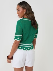 Threadbare Green Crochet Flower Hem Button Up Top - Image 3 of 4
