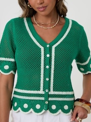 Threadbare Green Crochet Flower Hem Button Up Top - Image 4 of 4