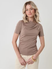 Threadbare Brown Slinky Draped Short Sleeve Top - Image 1 of 4