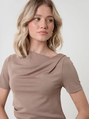 Threadbare Brown Slinky Draped Short Sleeve Top - Image 3 of 4