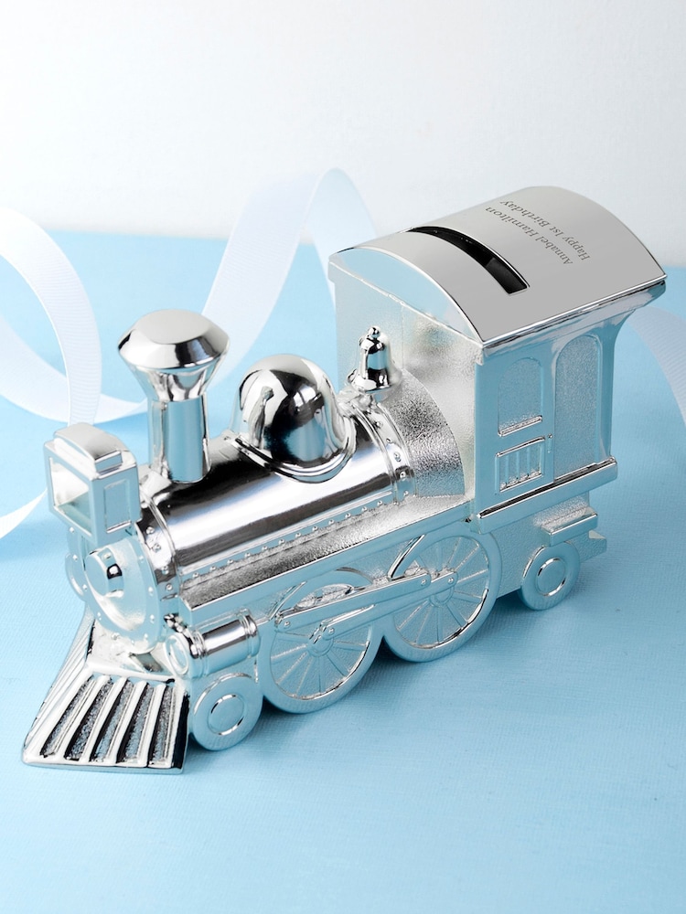 Personalised Silver Plated Train Money Box by Treat Republic - Image 1 of 5