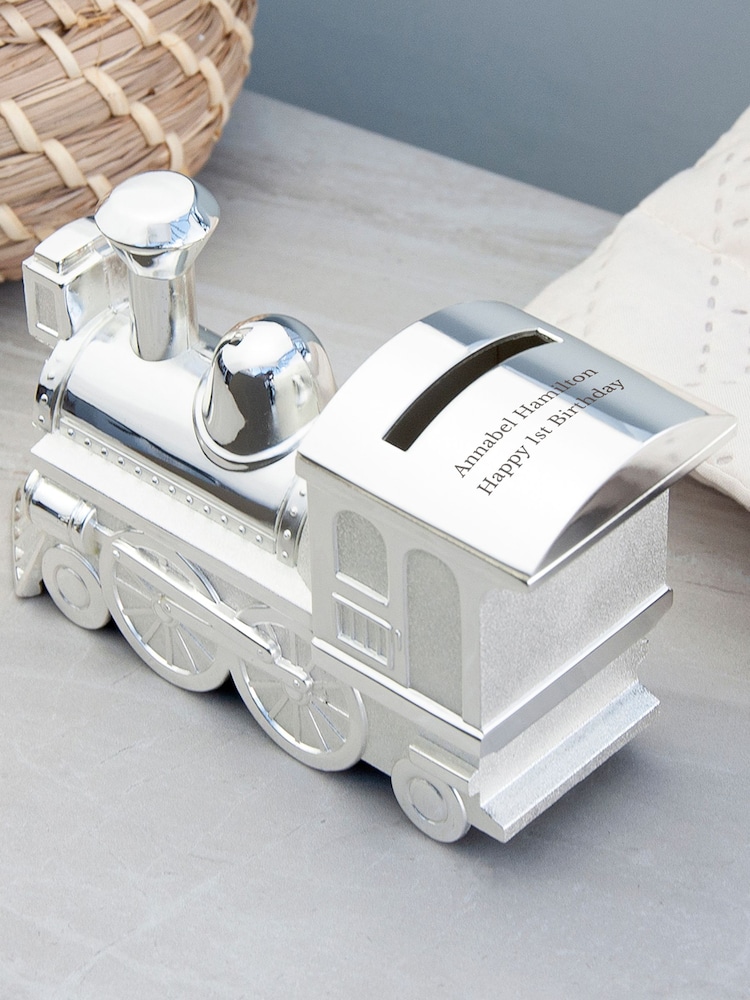 Personalised Silver Plated Train Money Box by Treat Republic - Image 2 of 5