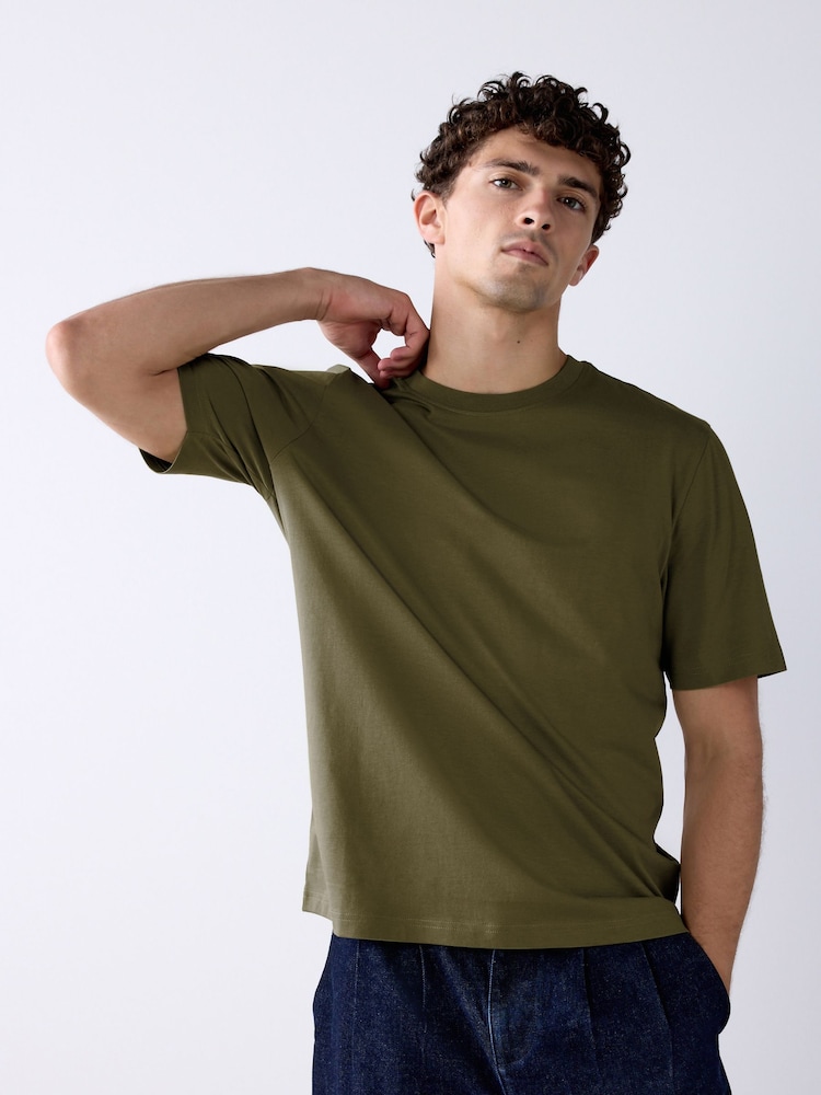 Army Green Regular Fit Essential Crew Neck Cotton T-Shirt - Image 1 of 8