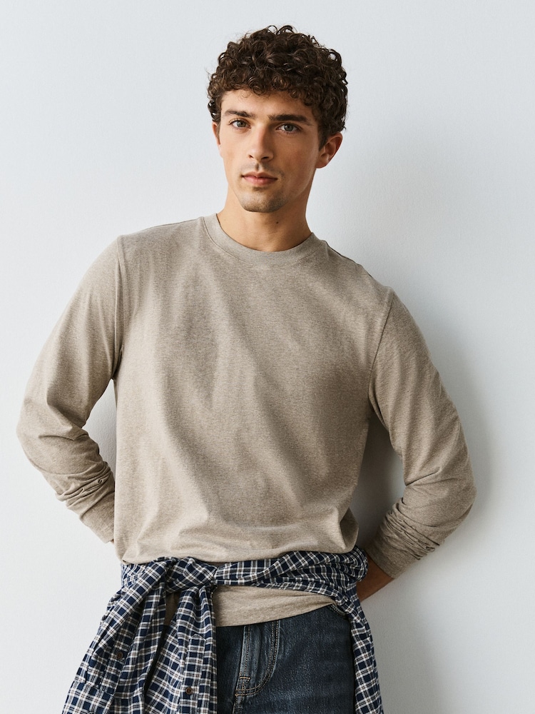 Neutral Marl Regular Fit Long Sleeve Crew Neck T-Shirt - Image 1 of 8 Neutral Marl Regular Fit Long Sleeve Crew Neck T-Shirt - Image 1 of 8