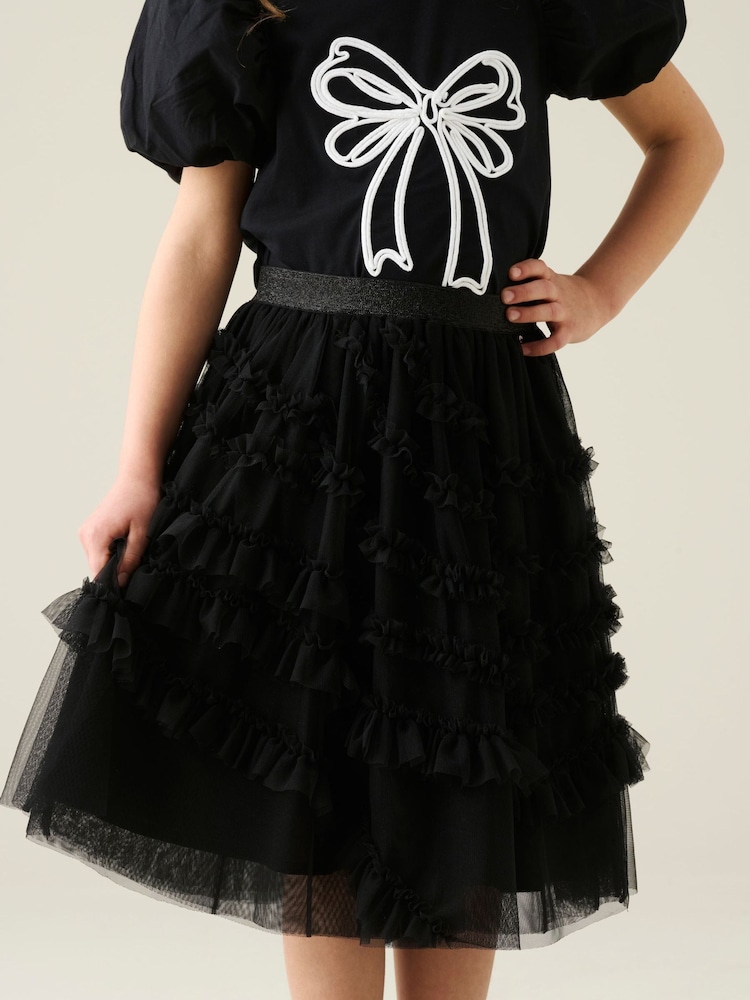 Angel & Rocket Black Sallie Asymmetric Mesh Skirt - Image 1 of 6 Angel & Rocket Black Sallie Asymmetric Mesh Skirt - Image 1 of 6