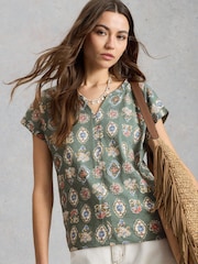 White Stuff Green Nelly Notch Neck T-Shirt - Image 1 of 6