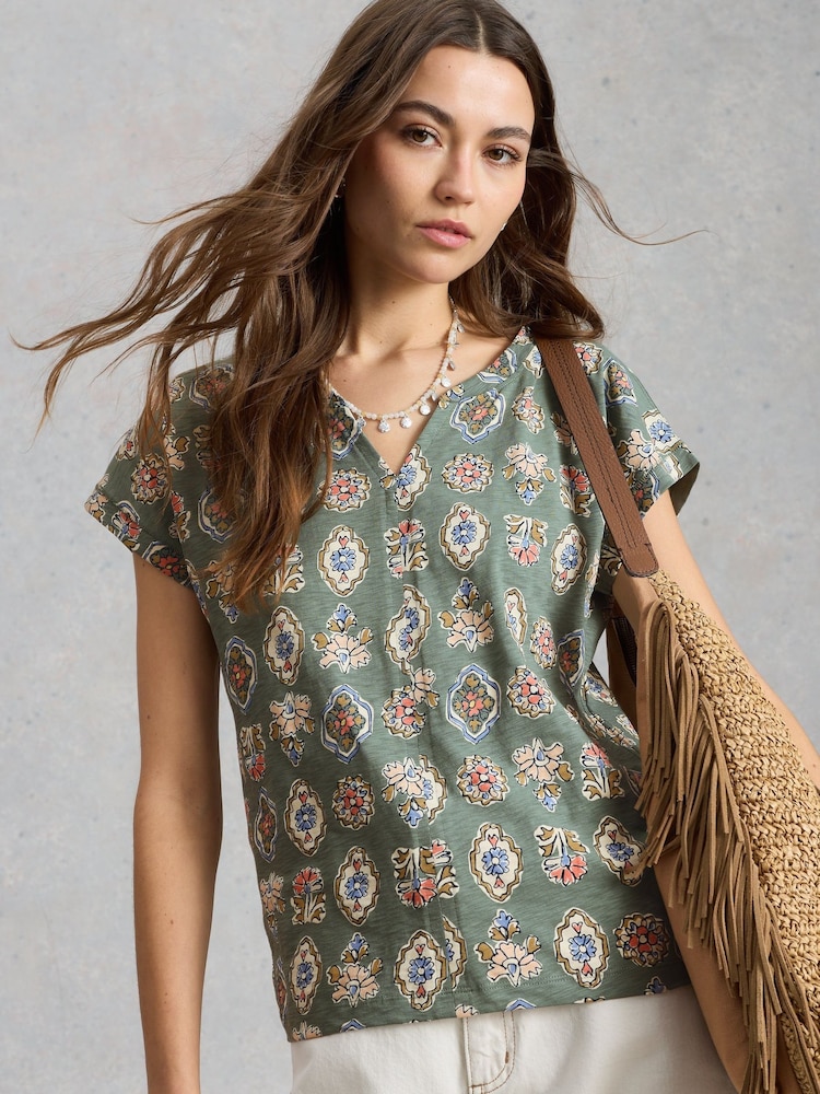 White Stuff Green Nelly Notch Neck T-Shirt - Image 1 of 6 White Stuff Green Nelly Notch Neck T-Shirt - Image 1 of 6