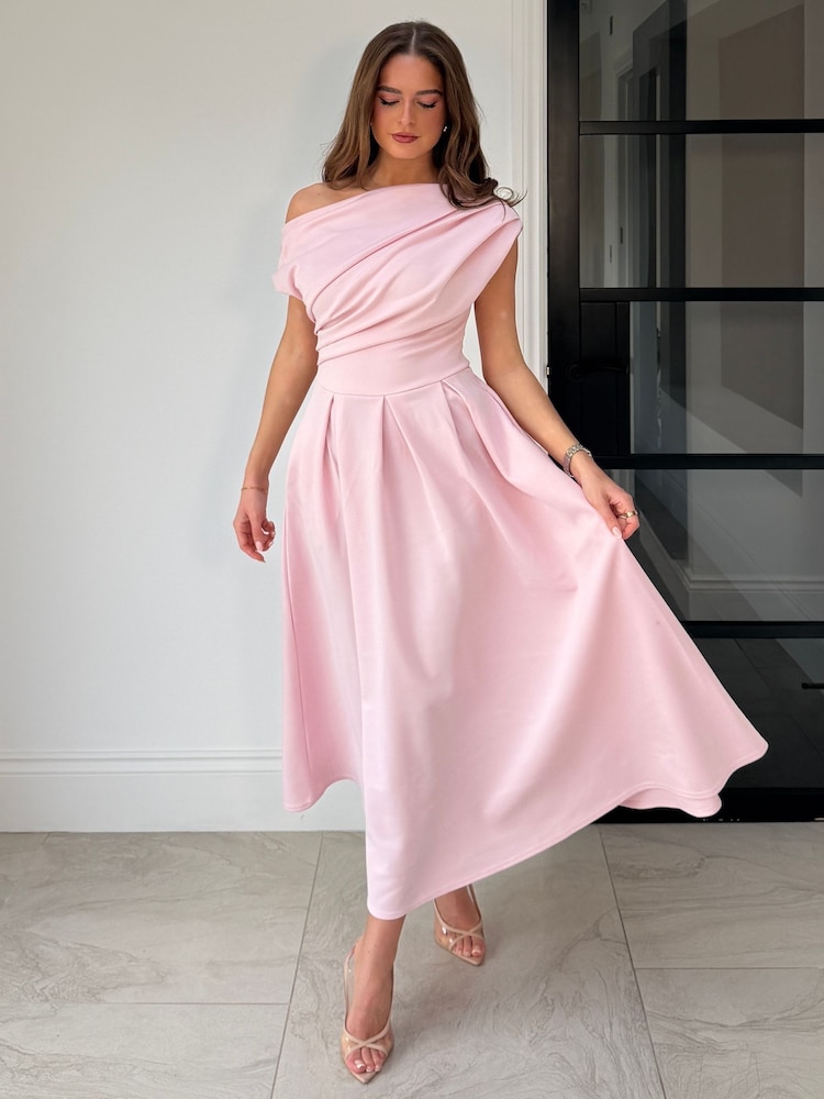 Girl In Mind Pink Betty Asymmetric Neckline Skater Dress - Image 1 of 5