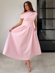 Girl In Mind Pink Betty Asymmetric Neckline Skater Dress - Image 3 of 5