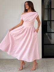 Girl In Mind Pink Betty Asymmetric Neckline Skater Dress - Image 4 of 5
