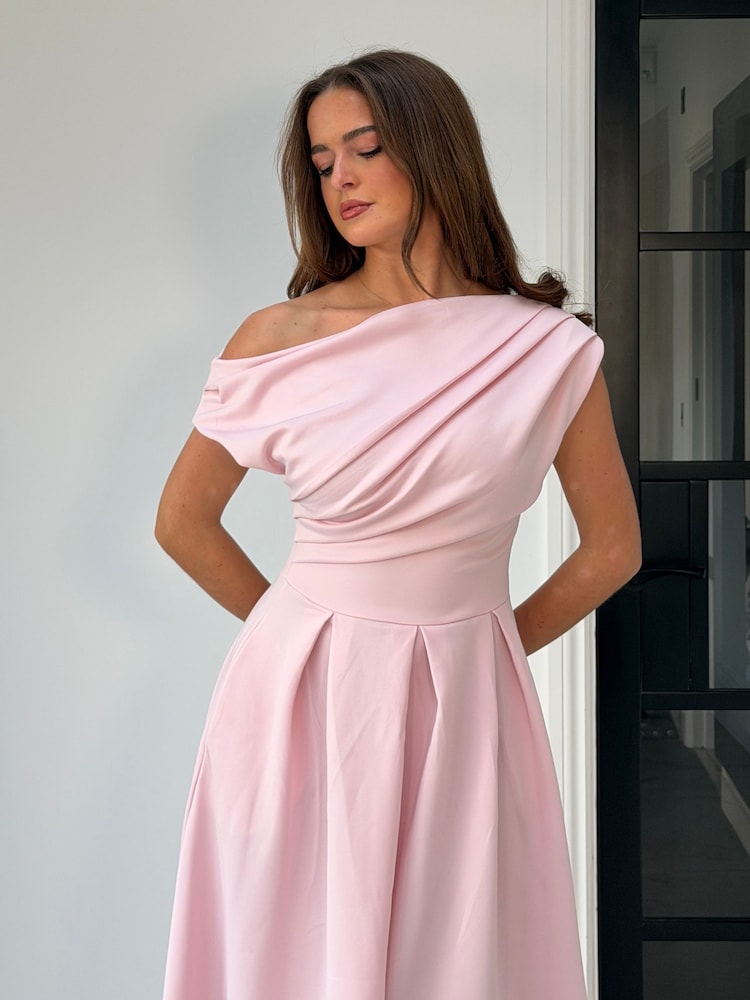 Girl In Mind Pink Betty Asymmetric Neckline Skater Dress - Image 5 of 5