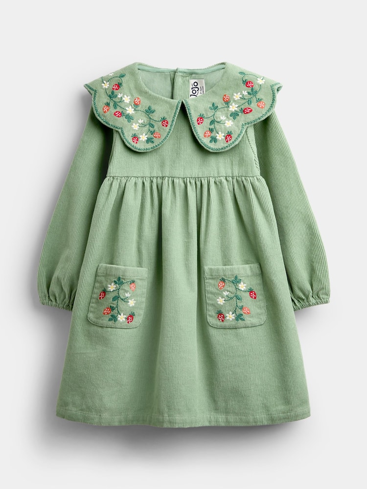 Jojo Maman Bébé Sage Green Strawberry Embroidered Collar Cord Dress - Image 1 of 4 Jojo Maman Bébé Sage Green Strawberry Embroidered Collar Cord Dress - Image 1 of 4