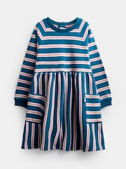 JoJo Maman Bébé Blue Stripe Long Sleeve Jersey Dress - Image 1 of 4