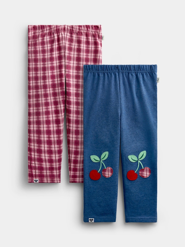 JoJo Maman Bébé Blue Marl Cherry Gingham 2 -Pack Appliqué & Check Leggings - Image 1 of 7