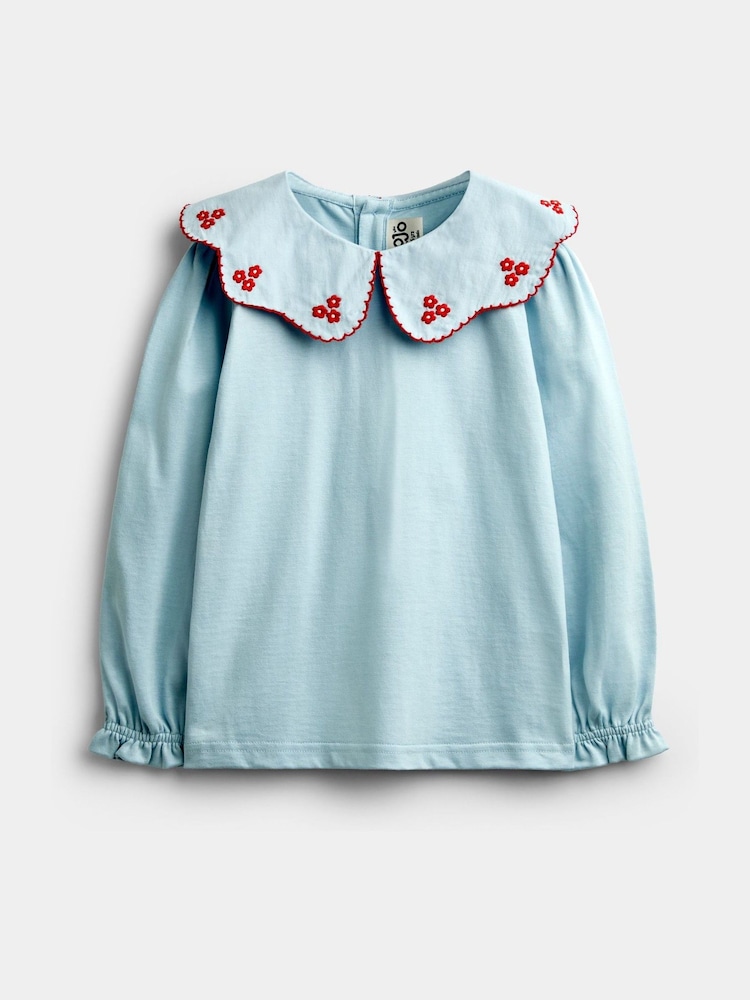 Jojo Maman Bébé Light Blue Flowers Embroidered Collar Top - Image 1 of 4 Jojo Maman Bébé Light Blue Flowers Embroidered Collar Top - Image 1 of 4