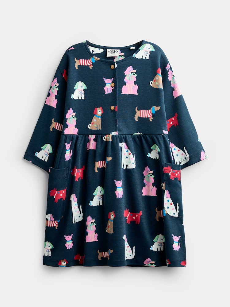 JoJo Maman Bébé Navy Blue Dog Print Button Front Dress - Image 1 of 4 JoJo Maman Bébé Navy Blue Dog Print Button Front Dress - Image 1 of 4