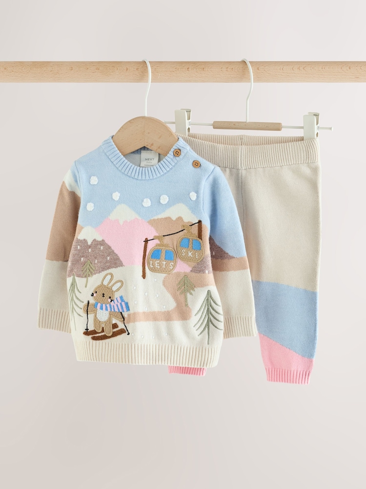 Ecru Bunny Character Knitted Scene Jumper and Leggings Baby Set (0mths-2yrs) - Image 1 of 10