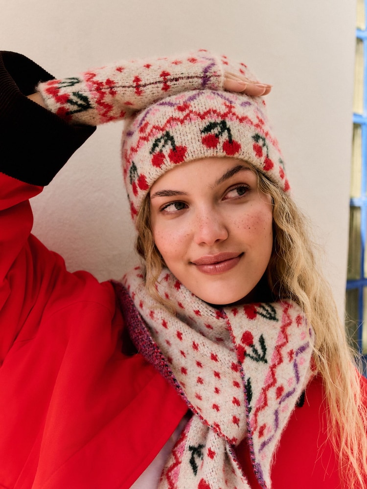 Multi Cherry Print Knitted Beanie Hat - Image 1 of 5