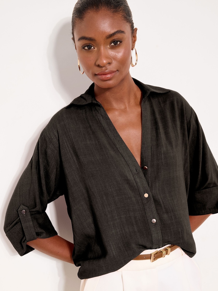 Lipsy Black Touch Of Linen Long Sleeve Shirt - Image 1 of 4