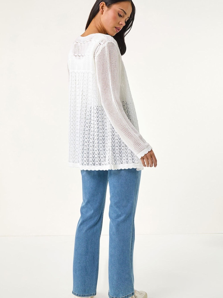 Roman White Pointelle Knit Cardigan - Image 2 of 5 Roman White Pointelle Knit Cardigan - Image 2 of 5