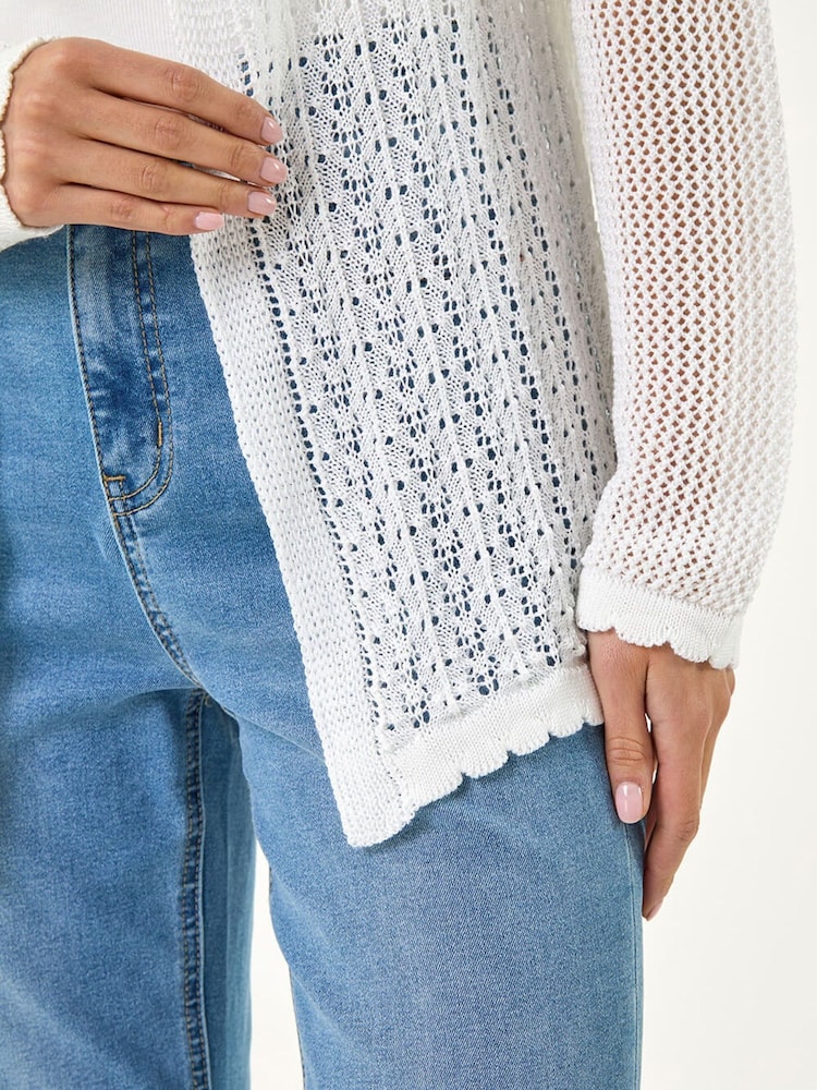 Roman White Pointelle Knit Cardigan - Image 5 of 5 Roman White Pointelle Knit Cardigan - Image 5 of 5