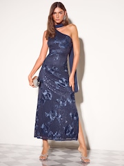 Friends Like These Navy Cornelli Sequin Scarf Midi Dress - Image 4 of 7