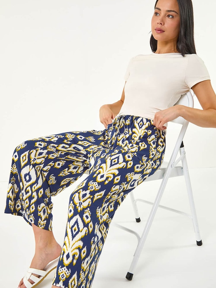 Roman Blue Petite Aztec Stretch Trousers - Image 1 of 5 Roman Blue Petite Aztec Stretch Trousers - Image 1 of 5