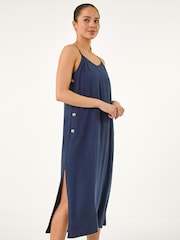 Roman Blue Petite Side Button Linen Mix Dress - Image 2 of 5