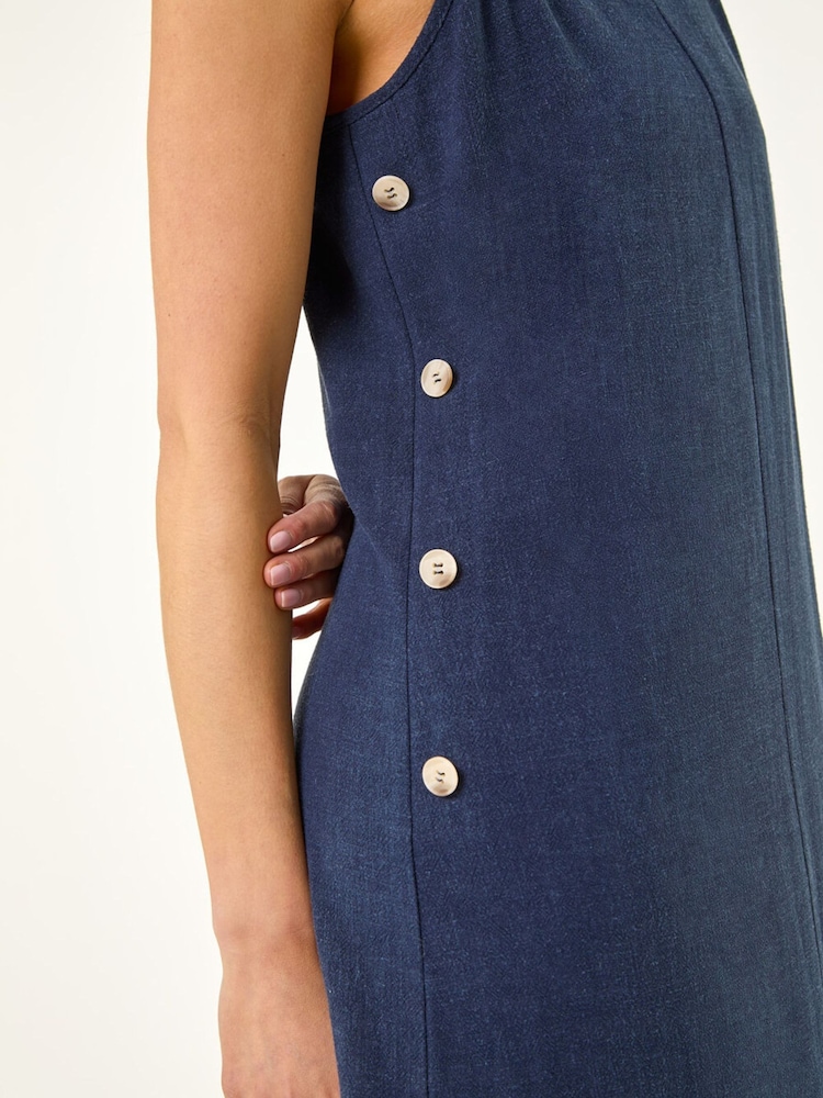 Roman Blue Petite Side Button Linen Mix Dress - Image 5 of 5 Roman Blue Petite Side Button Linen Mix Dress - Image 5 of 5