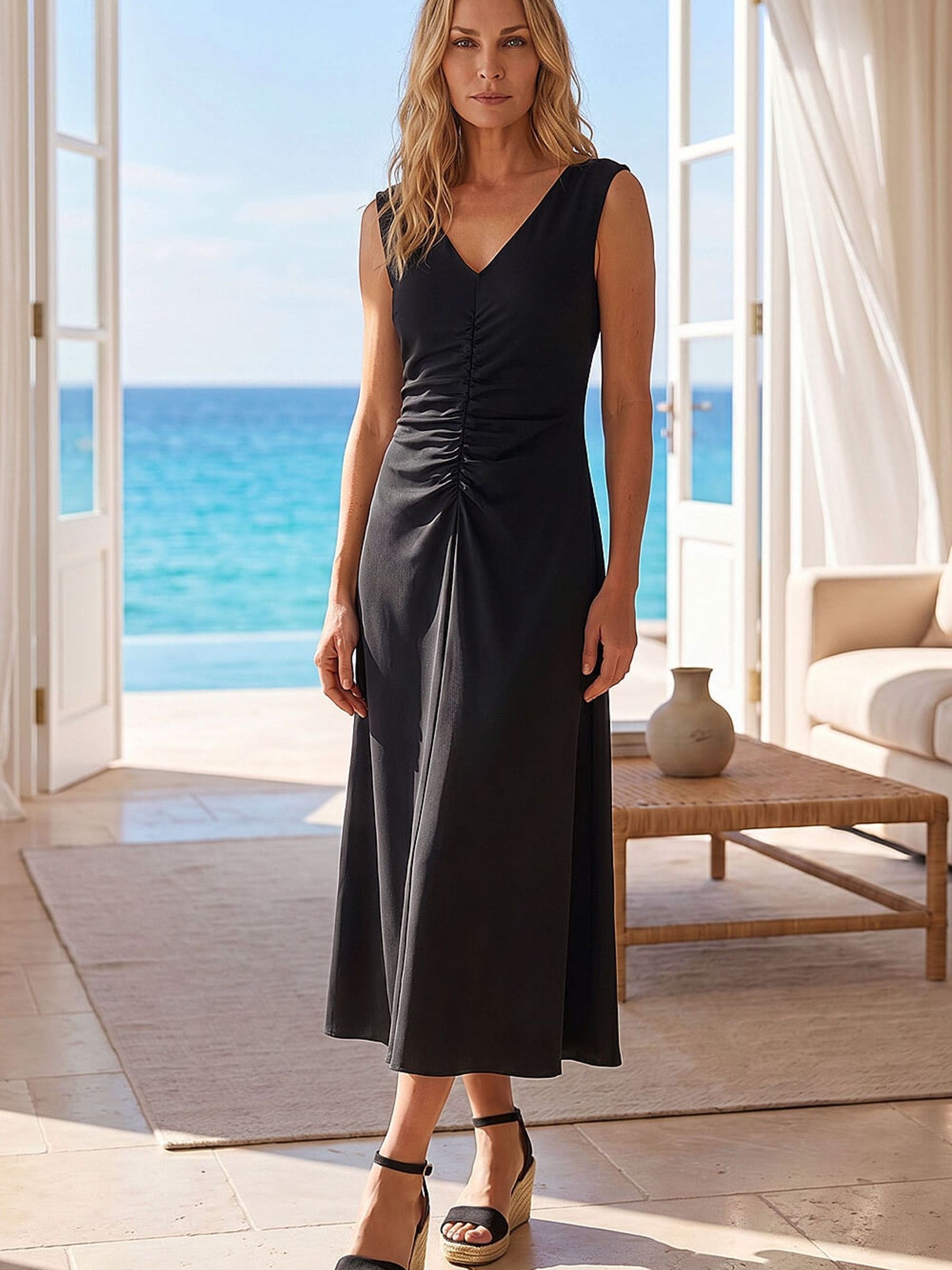 Roman Women's Black Petite V-Neck Ruched Stretch Midi Dress