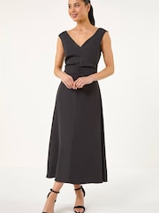 Roman Black Petite V-neck Ruched Stretch Midi Dress - Image 2 of 5