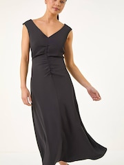 Roman Black Petite V-neck Ruched Stretch Midi Dress - Image 4 of 5