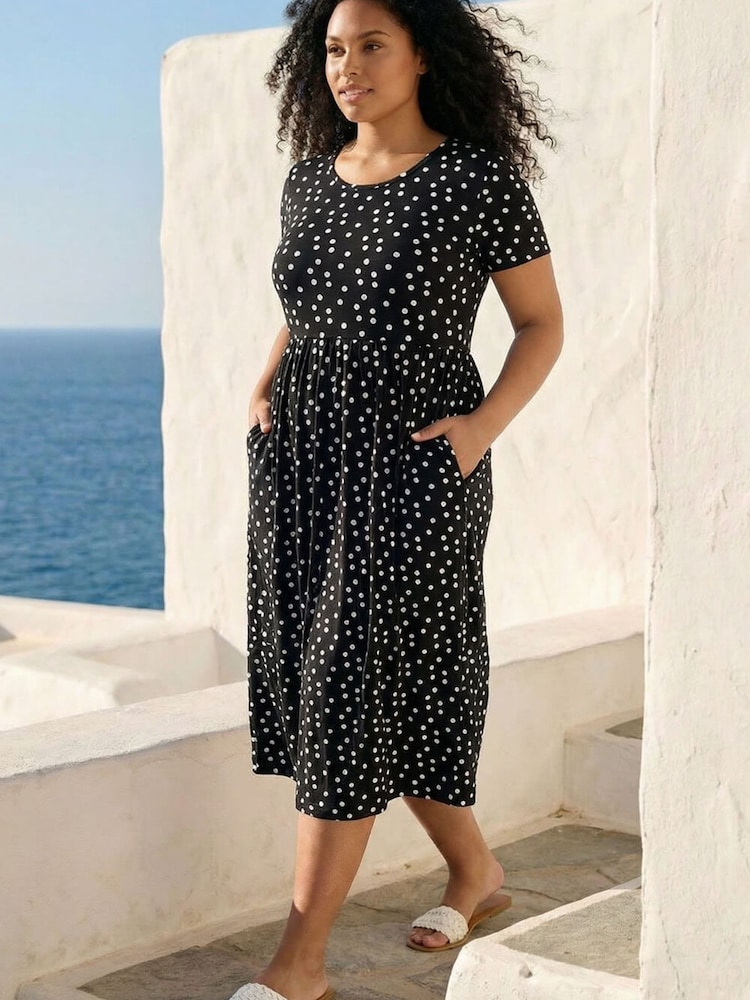 Roman Black Curve Polka Dot Gathered Waist Dress - Image 2 of 4 Roman Black Curve Polka Dot Gathered Waist Dress - Image 2 of 4