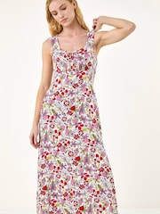 Roman Red Floral Empire Waist Stretch Midi Dress - Image 1 of 5