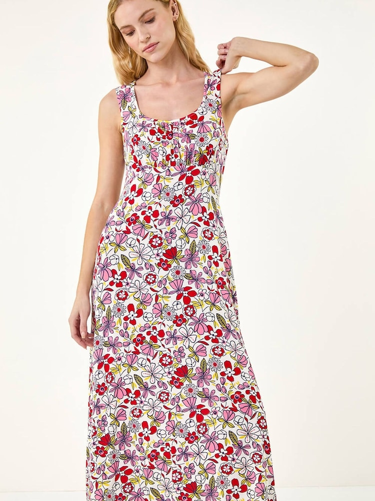 Roman Red Floral Empire Waist Stretch Midi Dress - Image 1 of 5