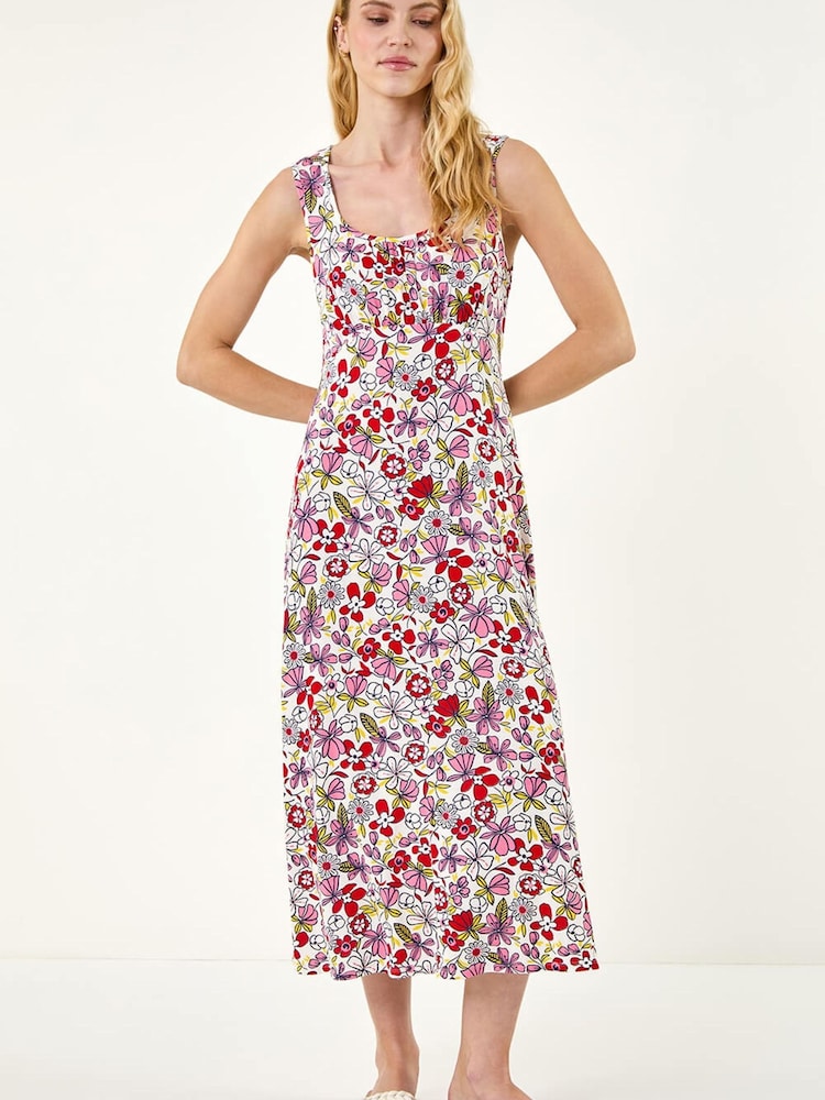 Roman Red Floral Empire Waist Stretch Midi Dress - Image 2 of 5