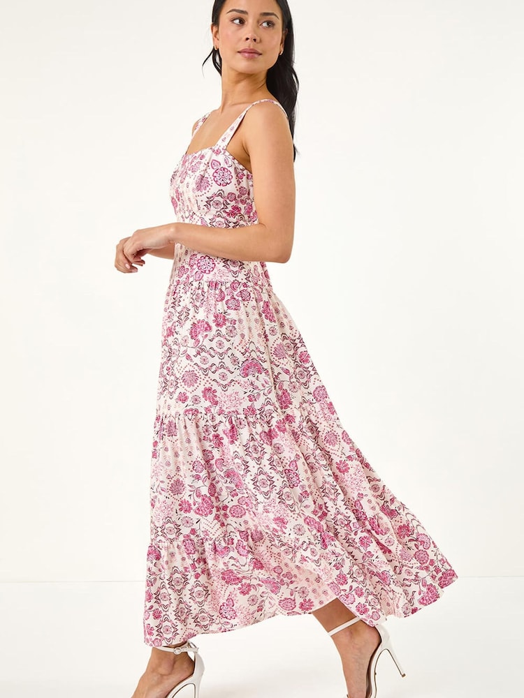 Roman Pink Petite Floral Seam Detail Midi Dress - Image 1 of 5 Roman Pink Petite Floral Seam Detail Midi Dress - Image 1 of 5