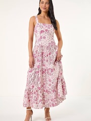 Roman Pink Petite Floral Seam Detail Midi Dress - Image 4 of 5