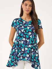 Roman Blue Floral Puff Print Hanky Hem Tunic Top - Image 3 of 5