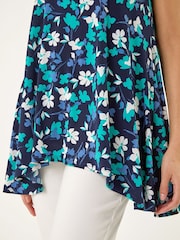 Roman Blue Floral Puff Print Hanky Hem Tunic Top - Image 4 of 5