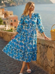 Roman Blue Petite Floral Print Pocket Midi Dress - Image 1 of 5
