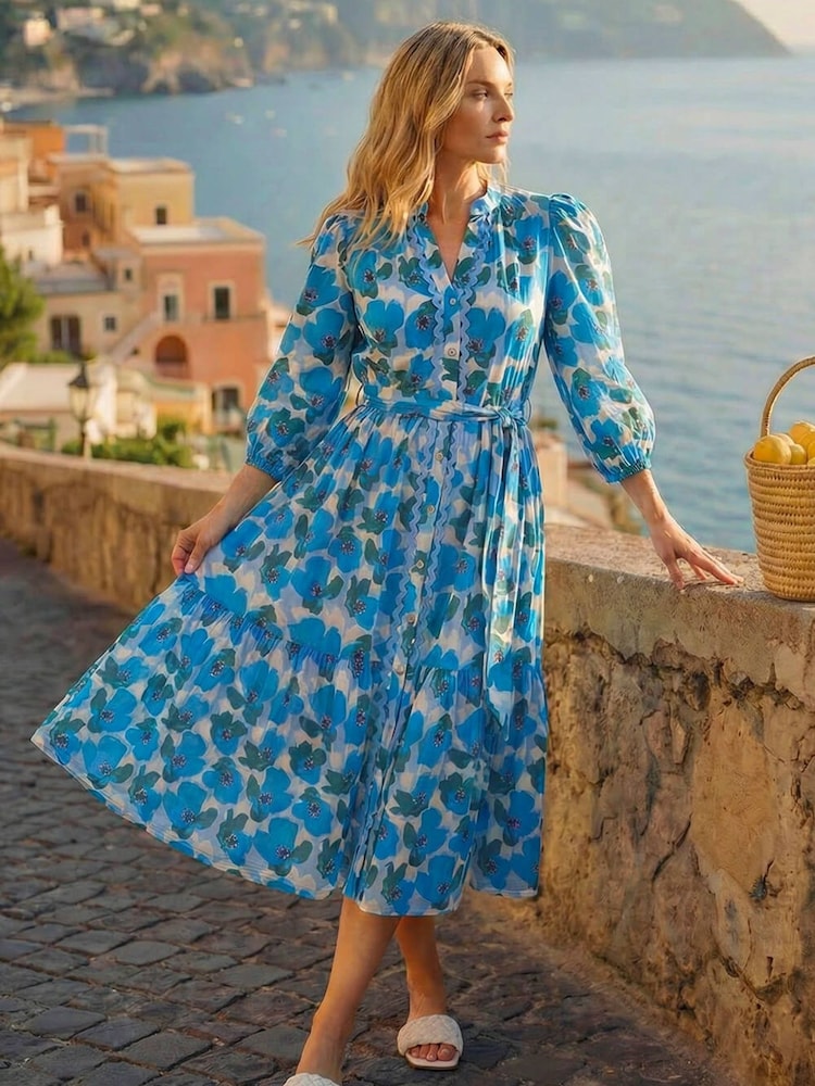 Roman Blue Petite Floral Print Pocket Midi Dress - Image 1 of 5