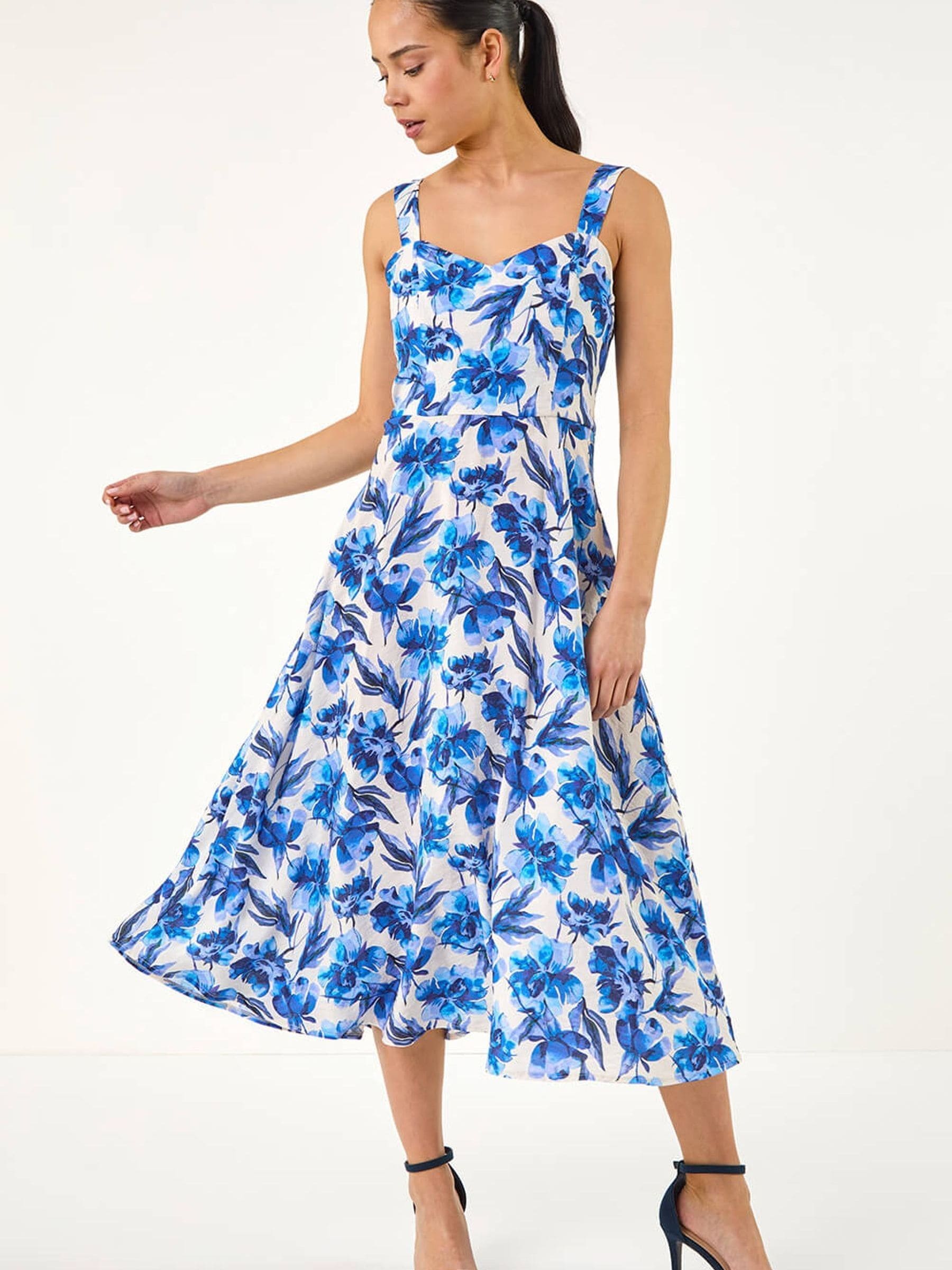 Roman Women's Blue Petite Floral Strappy Midi Dress