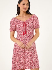 فستان برباط شرَّابة بطبعة مورّدة للأحجام الصغيرة من Roman - Image 2 of 5