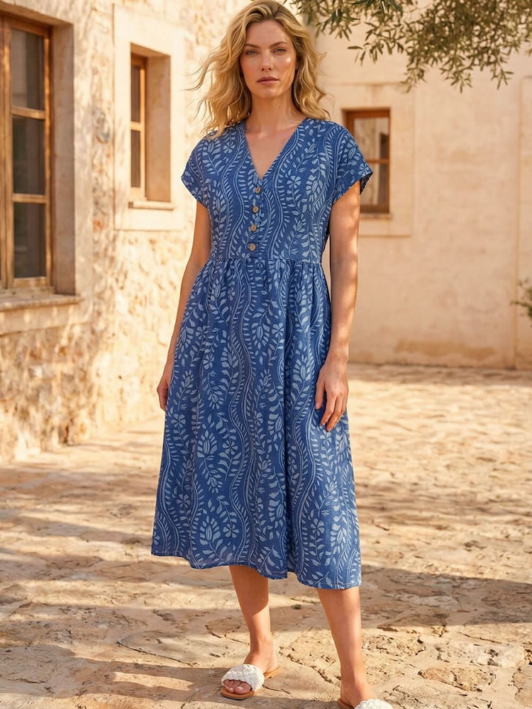 Roman Black Leaf Print Button Midi Dress - Image 1 of 4