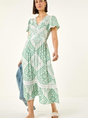Roman Green Lace Detail V-Neck Midi Dress - Image 1 of 5