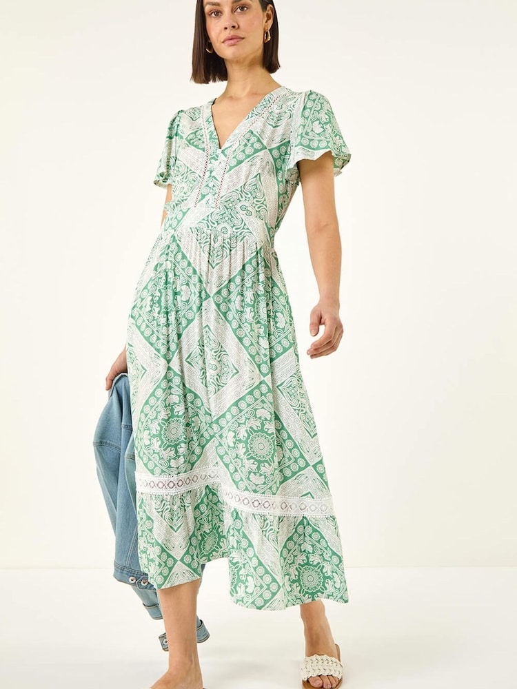 Roman Green Lace Detail V-Neck Midi Dress - Image 1 of 5 Roman Green Lace Detail V-Neck Midi Dress - Image 1 of 5