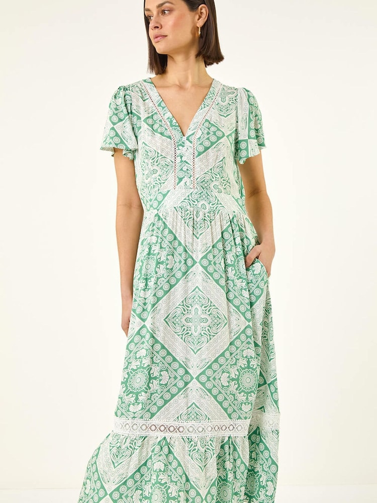 Roman Green Lace Detail V-Neck Midi Dress - Image 2 of 5 Roman Green Lace Detail V-Neck Midi Dress - Image 2 of 5